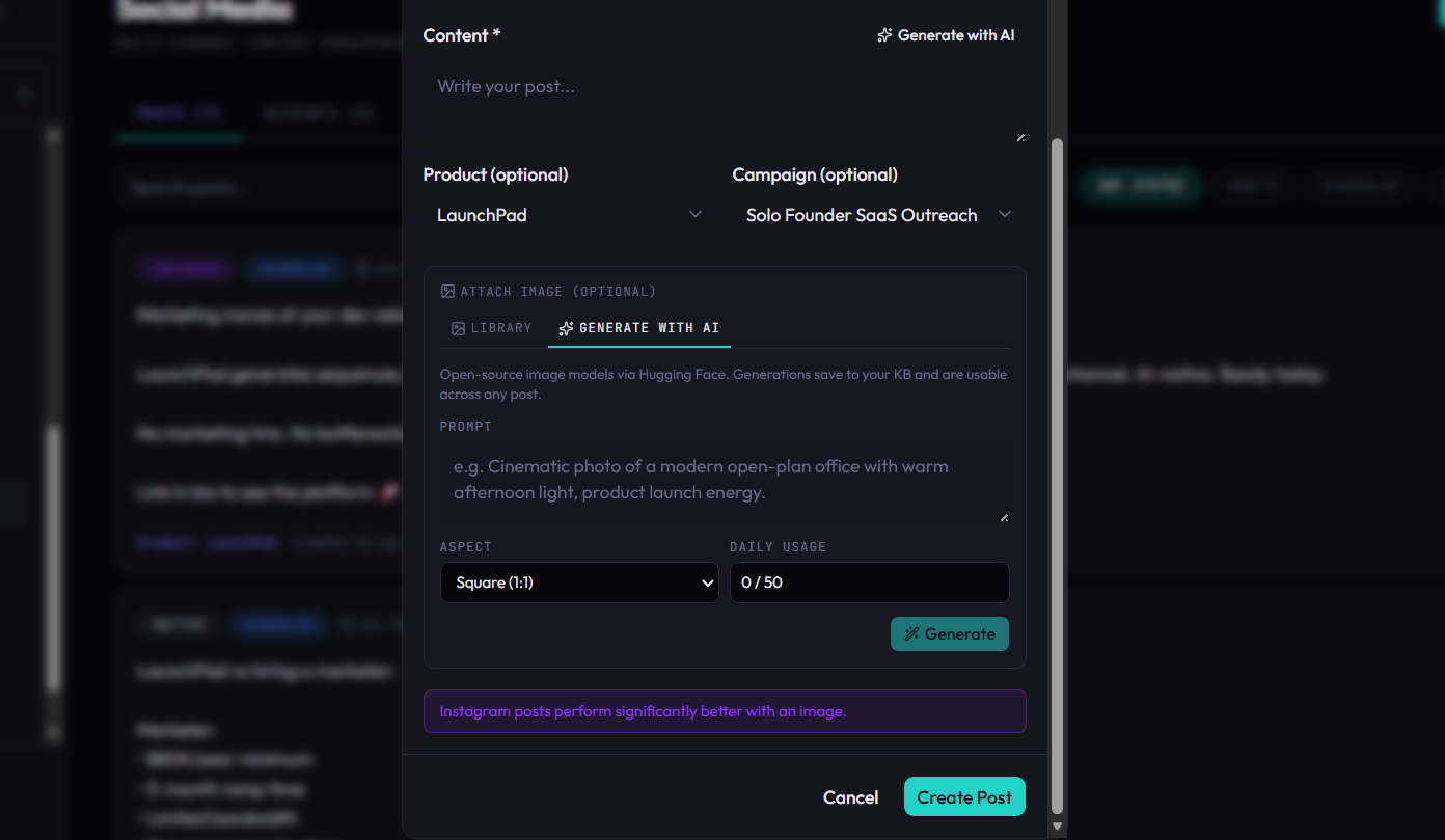 LaunchPad AI image generation for social posts